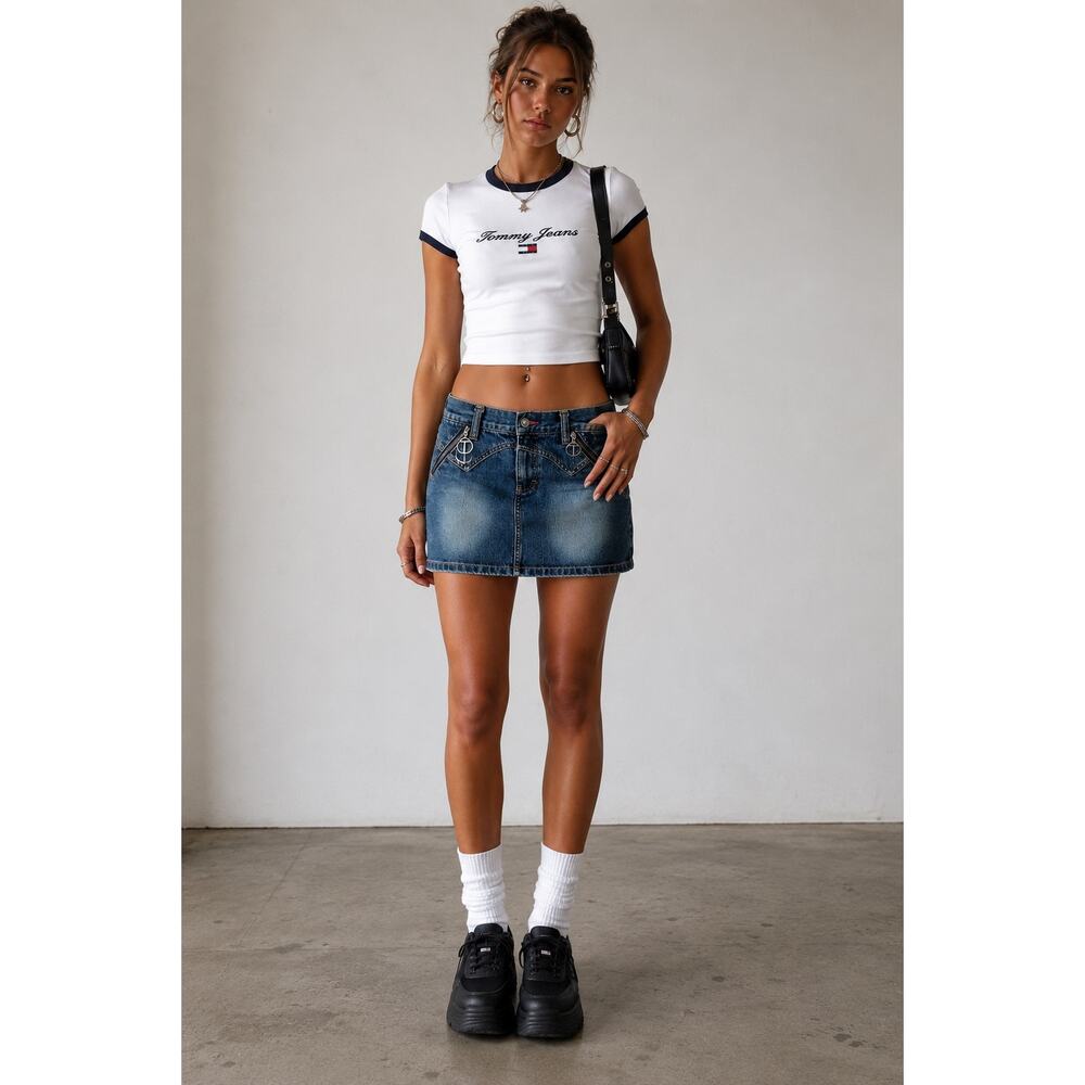Vintage Tommy Jeans Y2K Denim Mini Skirt Low Rise Junior Size 5